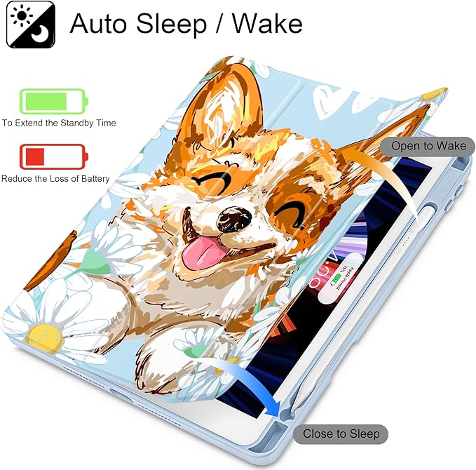 for iPad 9th Generation with Pencil Holder iPad 8th/7th Gen Case 10.2-inch [Built in Pencil Holder] Trifold Stand Auto Wake/Sleep Clear TPU Protection Back Cover Cute Corgi Dog