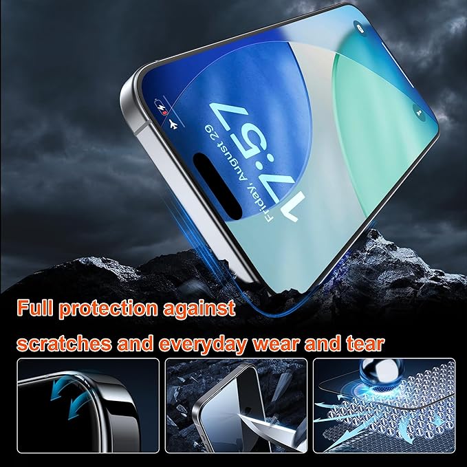 OneFish Screen Protector Privacy Compatible with iPhone 17 Pro Max 2 Pack 4 Way 360ｰ Anti-Spy Tempered Glass 9H Hardness 3D Curved Edges Case-Friendly &amp Easy Installation