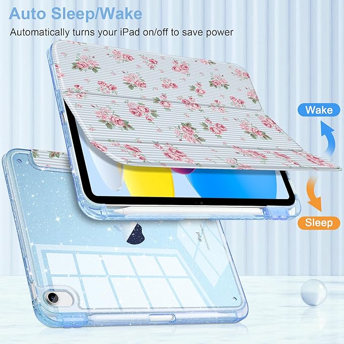 DONGKE for iPad Case 9th/8th/7th Generation 10.2 Inch (2021/2020/2019) Shockproof Glitter Acrylic Back with Trifold Stand Pencil Holder &amp Auto Sleep/Wake - Tiny Roses