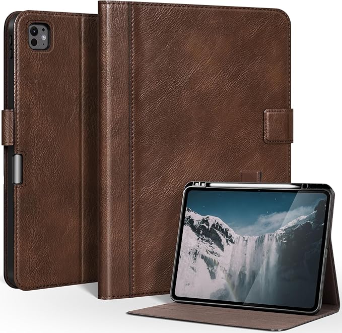 Genuine Leather Case for iPad Pro 13 Inch M5 2025 / M4 2024 Premium Folio Cover with Pencil Holder Auto Wake/Sleep &amp Adjustable Stand - Vintage Dark Brown