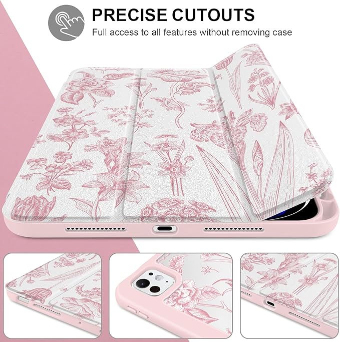 DONGKE for iPad Pro 11-Inch Case (M5 2025 / M4 2024) 6th/5th Generation [Auto Sleep/Wake &amp Pencil Pro Holder] Clear Acrylic Back Smart Trifold Stand Cover Pink Florals