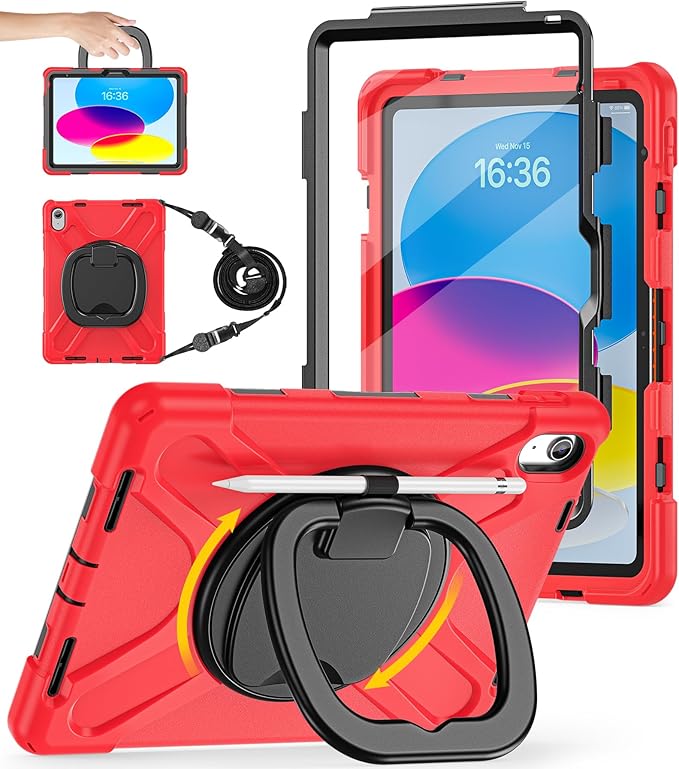 BATYUE Case for iPad (A16) 11th/10th Gen 11''/10.9'' 2025/2022 - Heavy Duty Shockproof Cover with 360° Rotating &amp 180° Folding Stand Screen Protector Shoulder Strap &amp Pencil Holder | Red