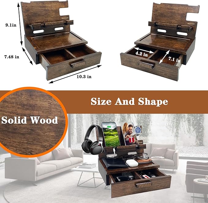 Gifts for Men Women Husband Son Boyfriend Him Nightstand Organizer Wood Phone Docking Station Birthday Gifts (Walnut) | Gifts for Men Women Birthday Gifts