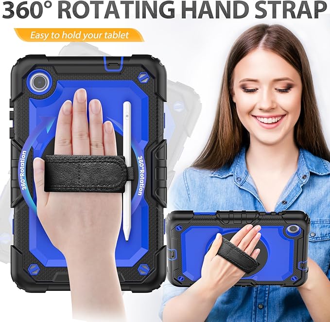 HXCASEAC Case for Lenovo Tab M8 4th Gen 2024/2023 (TB-301FU TB-300FU) with Screen Protector/Rotating Hand Strap/Sturdy Stand Protective HD Cover for Lenovo M8 Tablet Case 8 inch Blue
