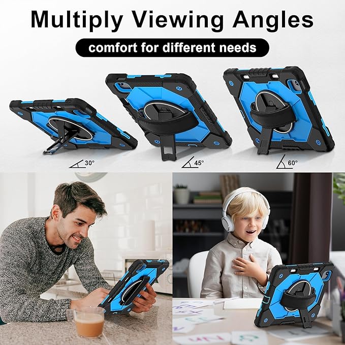 Case for iPad Air 11 inch M2 2024Tablet case for iPad Air 6th Generation Kids case Shockproof Protective with 360° Rotate Kickstand Hand Strap Shoulder Strap Cover Black/Blue