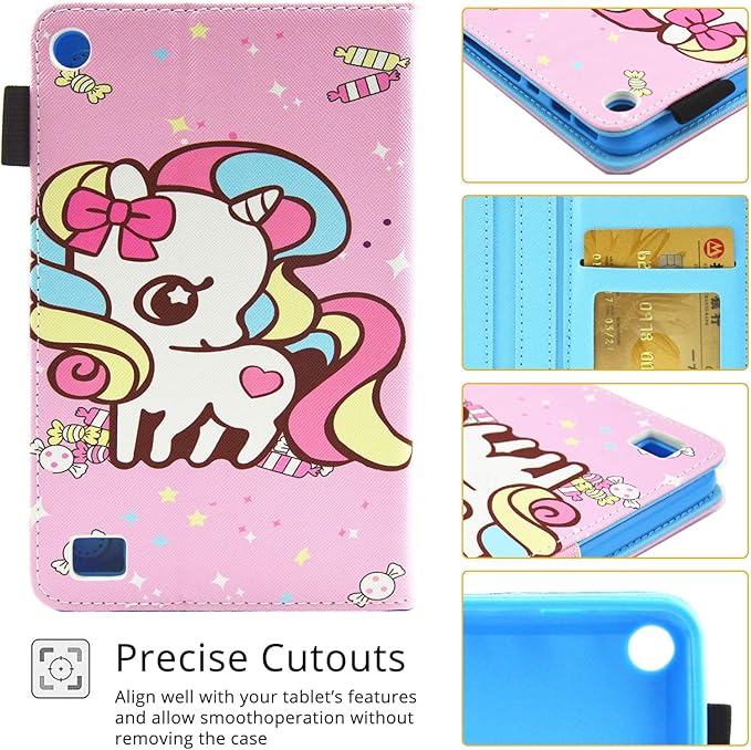 7.0 inch All-New Amazon Kindle Fire 7 Tablet Case 9th/7th/5th Generation (2019/2017/2015 Release) with Stand Pencil Holder [Auto Wake/Sleep] PU Leather Folio Smart Cover Pink Candy Unicorn