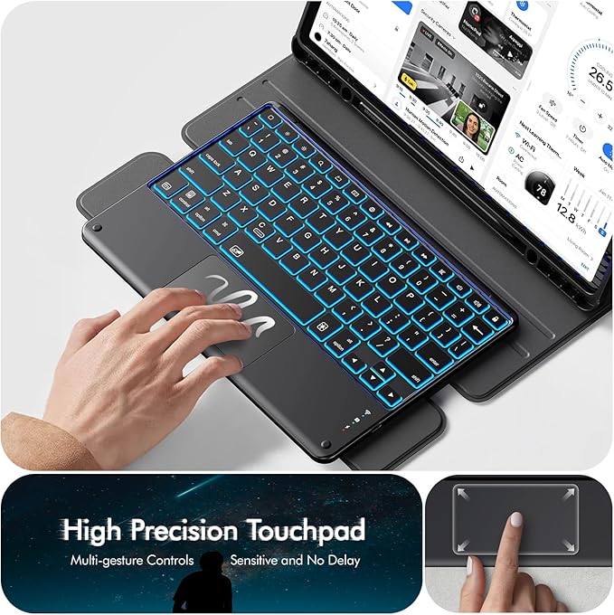 INFILAND for Galaxy Tab S10+ S9+ Plus/S9 FE+ Plus Keyboard Case [High Precision Tackpad] 360 Rotating Stand Detachable Magnetic Wireless Keyboard Cover Light Black