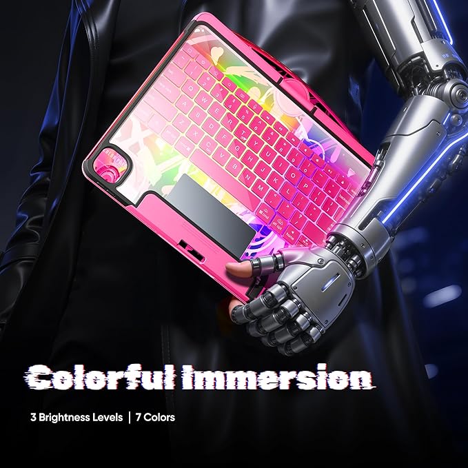 KITONE Transparent Case with Wireless Keyboard for iPad 11th Gen 11-in.(A16 2025) 2022 iPad 10th Gen 10.9-in 7 Colors Backlight Trackpad 360°Rotating Stand Tech Style