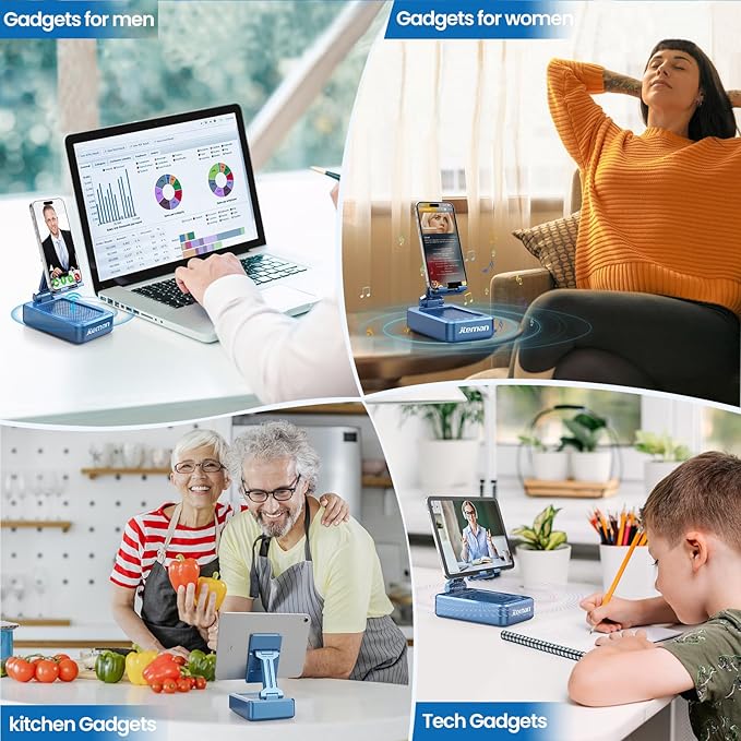 JTEMAN Phone Stand with Wireless Bluetooth Speaker HD Surround Sound Bluetooth Speaker for Desk Perfect for Home Kitchen Gadgets GiftsCompatible with iPhone/ipad/Samsung Galaxy(Blue)