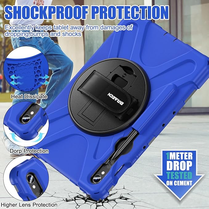 BRAECNstock for Samsung Galaxy Tab S10 Lite/ S10 FE/ S9 FE/ S9/ S8/ S7 5G Case 10.9/ 11 Shockproof Protective Kids Case with Pencil Holder Rotating Hand Strap &amp Stand Shoulder Strap Blue