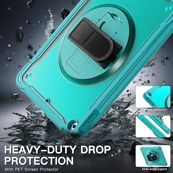 BRAECNstock for iPad 9th/ 8th/ 7th Generation Case 10.2 2021/2020/2019Shockproof Cover with 360° Rotating Hand Strap/StandScreen ProtectorCarrying Shoulder StrapPencil Holder(Light Blue)