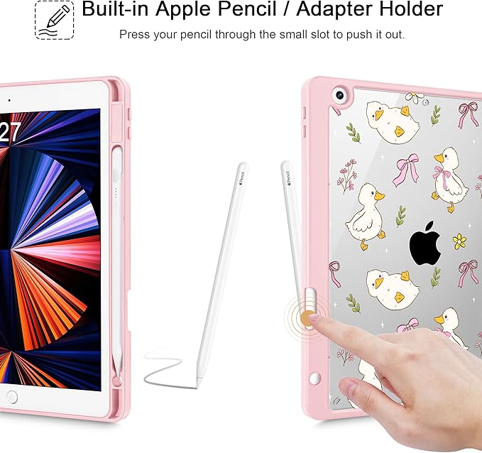 for iPad 9th Generation with Pencil Holder iPad 8th/7th Gen Case 10.2-inch [Built in Pencil Holder] Trifold Stand Auto Wake/Sleep Clear TPU Protection Back Cover Duck &amp Bow