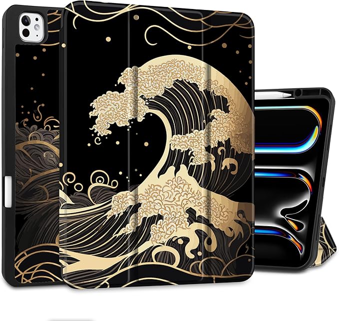 DONGKE Case for iPad Pro 13 inch (M5 2025 / M4 2024) – [Built-in Pencil Holder] Ultra Slim PU Leather Trifold Stand Cover with Soft TPU Back Auto Wake/Sleep - Golden Waves