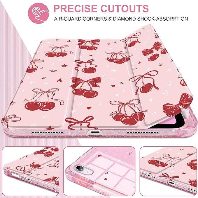 DONGKE for iPad Pro 11 inch Case – Fits M5 2025 / M4 2024 Shockproof Sparkling Glitter Acrylic Back Pencil Holder Trifold Stand Auto Sleep/Wake &amp Touch ID Support - Cherry &amp Bow