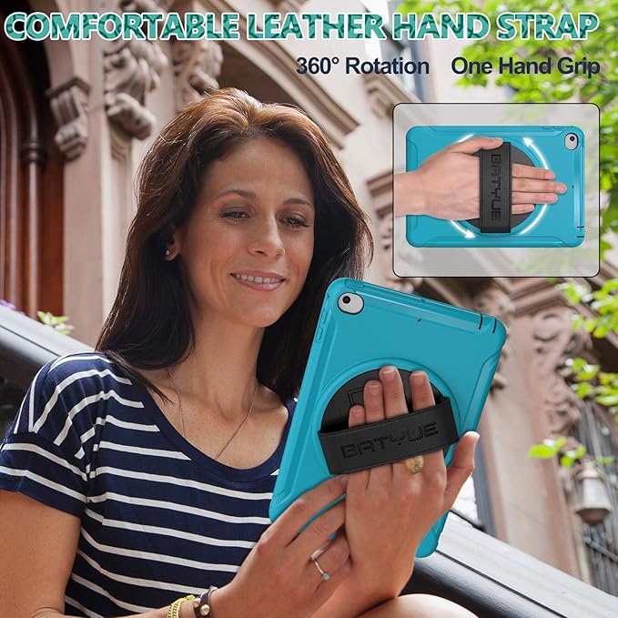 BATYUE for iPad mini 5/4 7.9 Inch Case (2019/2015) Shockproof Cover with 360° Kickstand &amp Pencil Holder Comfortable Leather Hand Strap for Easy Grip - Light Blue