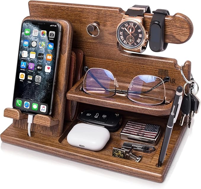 TESLYAR Wood Phone Docking Station for Men - Desk or Nightstand Organizer - Birthday Gifts for Husband or Dad - Anniversary Idea from Wife - Key Holder Stand Wallet Watch &amp Essentials (Earth Bei