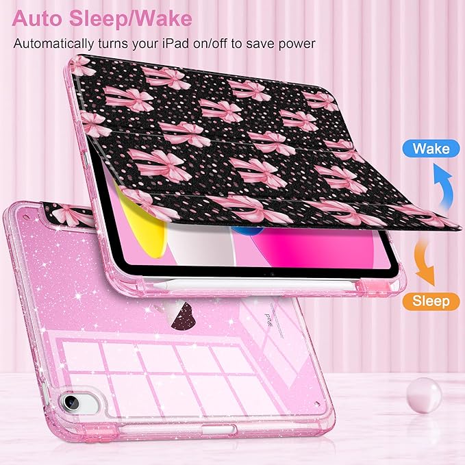DONGKE for iPad Pro 11 inch Case – Fits M5 2025 / M4 2024 Shockproof Sparkling Glitter Acrylic Back Pencil Holder Trifold Stand Auto Sleep/Wake &amp Touch ID Support - Pink Bows