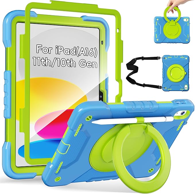 Case for iPad (A16) 11th Generation 11 inch 2025/10th Generation 10.9 inch 2022 Shockproof Cover with Screen Protector/360° Rotate Handle/Bracket/Pen Holder/Shoulder Strap (Blue+Green)
