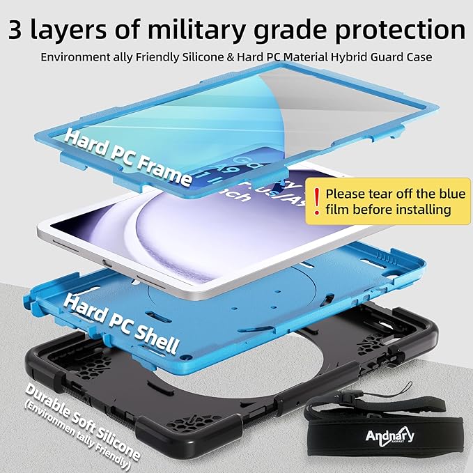 Case for Samsung Galaxy Tab A9+/A9 Plus Case 11 Inch with Screen Protector/360° Rotating Stand/Pen Holder/Shoulder Strap Shockproof Cover for Tablet A9+ 5g (Black+Blue)
