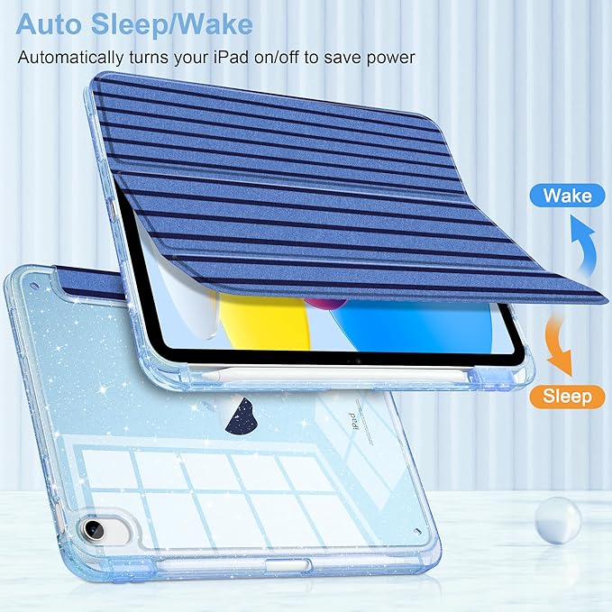 DONGKE for iPad Pro 11 inch Case – Fits M5 2025 / M4 2024 Shockproof Sparkling Glitter Acrylic Back Pencil Holder Trifold Stand Auto Sleep/Wake &amp Touch ID Support - Dark Blue Stripes