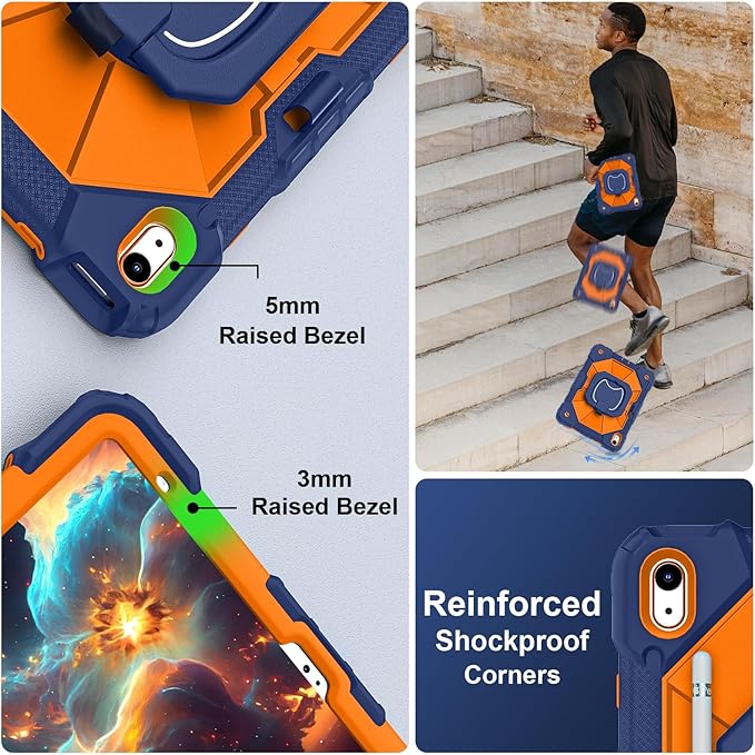 Case for iPad (A16) 11th Generation 11 Inch (2025) / iPad 10th Generation Case 10.9 Inch (2022) with 360° Rotating Stand Screen Protector Pen Holder Shoulder Strap Navy Orange