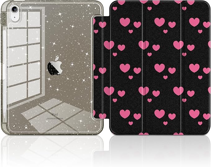 MEEgoodo Case for iPad A16 11th Generation 2025/10th Generation 2022 Glitter Tablet Cases with Transparent Acrylic Back+Trifold Stand +Pencil Holder+Auto Wake/SleepPink Hearts