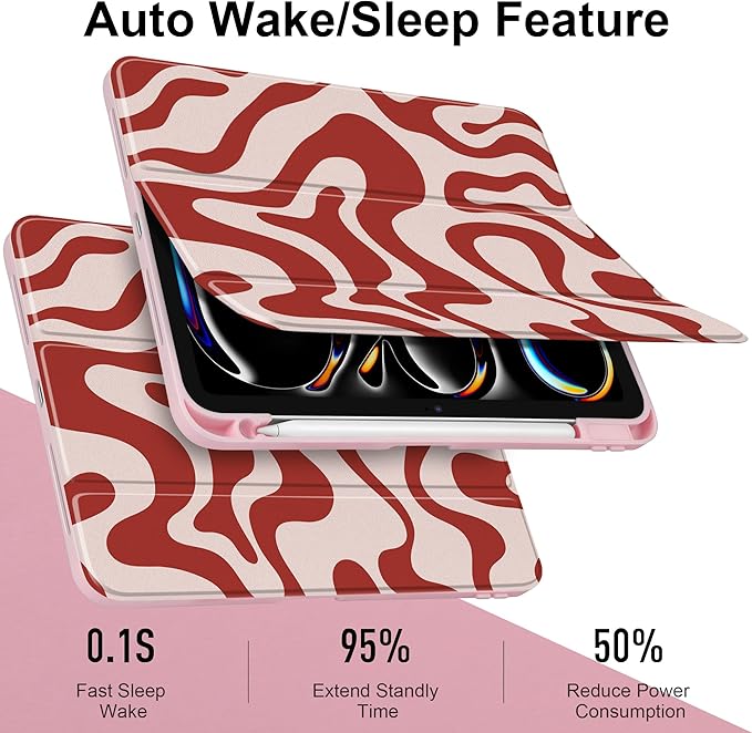TWOLSKOO Case for iPad Pro 11-inch (M5 2025 / M4 2024) Clear Acrylic Back with TPU Bumper Pencil Holder Trifold Stand Auto Sleep/Wake Red Waves