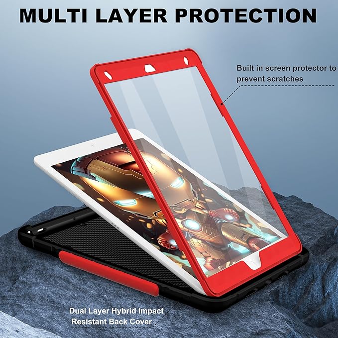 Case for iPad 9th/8th/7th Generation 10.2 inch Heavy Shockproof Cover with Screen Protector/180° Rotating Handle/Bracket/Pen Holder/Shoulder Strap Kids Case for 2021/2020/2019 (D-Black+Red)