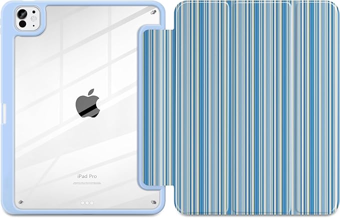 TWOLSKOO Case for iPad Pro 11-inch (M5 2025 / M4 2024) Clear Acrylic Back with TPU Bumper Pencil Holder Trifold Stand Auto Sleep/Wake Blue Stripes