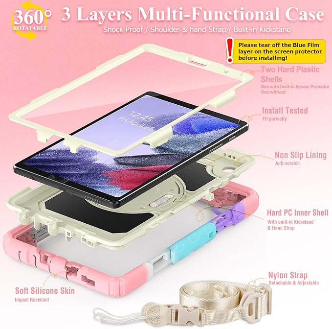 SEYMAC stock Case for Samsung Galaxy Tab A7 Lite 8.7'' with Screen Protector Pencil Holder [360 Rotating Hand Strap] &ampStand Drop-Proof Case for Samsung A7 Lite 2021 SM-T220/T225/T227 Yellowish/P