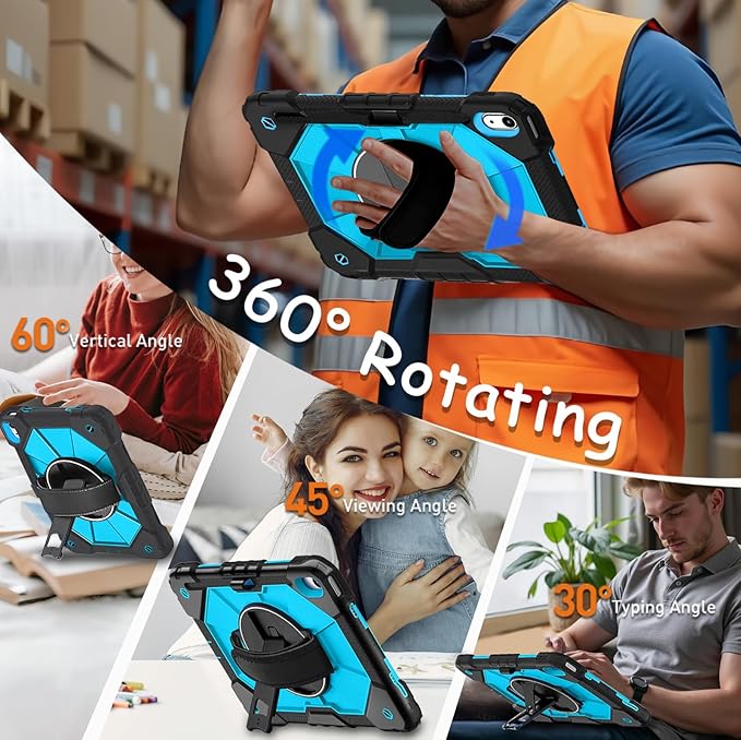 Weuiean Case for iPad A16 11th/10th Generation 11/10.9 Military-Grade Heavy-Duty Shockproof Cover with 360° Rotating Stand Built-in Pencil Holder &amp Adjustable Hand/Shoulder Strap -BrightBlue+B
