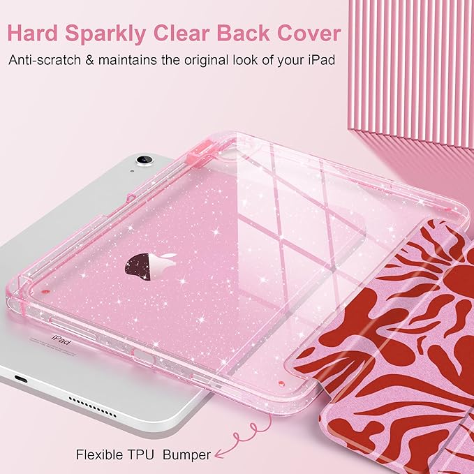 MEEgoodo Case for iPad A16 11th Generation 2025/10th Generation 2022 Glitter Tablet Cases with Transparent Acrylic Back+Trifold Stand +Pencil Holder+Auto Wake/SleepAbstract Sun &amp Palm Tree