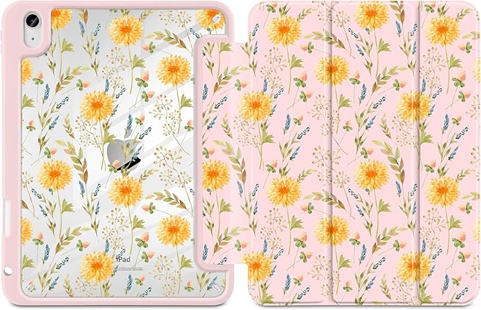 Case for iPad A16 11th Generation 11 inch 2025 iPad 10th Generation 10.9 inch 2022 -[Built-in Pencil Holder] Shockproof Clear Hard Back Trifold Stand Auto Wake/Sleep Yellow Floral