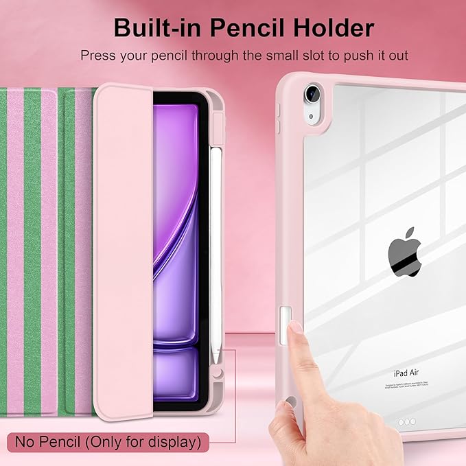 DONGKE Case for iPad Air 11-inch M4 2026 &amp M3 2025 &amp M2 2024 iPad Air 5th/4th Generation 10.9 2022/2020 [Built-in Pencil Holder] Clear Acrylic Back Trifold Stand Smart Cover Green Stripes