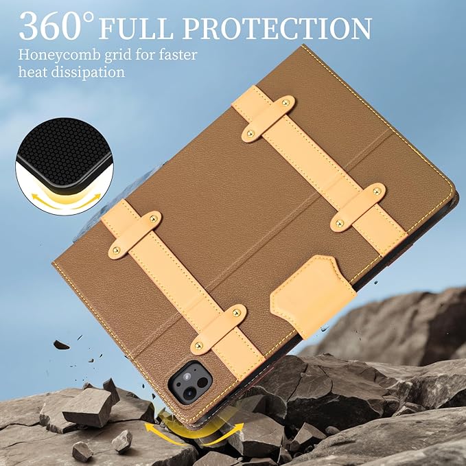 iPad Case for iPad Pro 13 Inch (M5/M4) 2025/2024Leather Folio Cover with Pencil HolderAuto Wake/SleepAdjustable StandDetachable Magnetic Closure Protection Case-Multiple Straps Yellow Brown