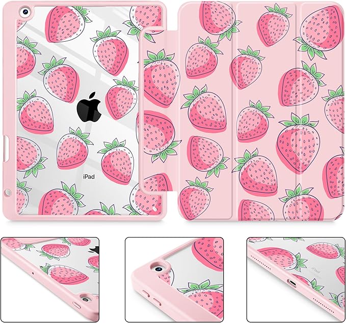 for iPad 9th Generation with Pencil Holder iPad 8th/7th Gen Case 10.2-inch [Built in Pencil Holder] Trifold Stand Auto Wake/Sleep Clear TPU Protection Back Cover Strawberries