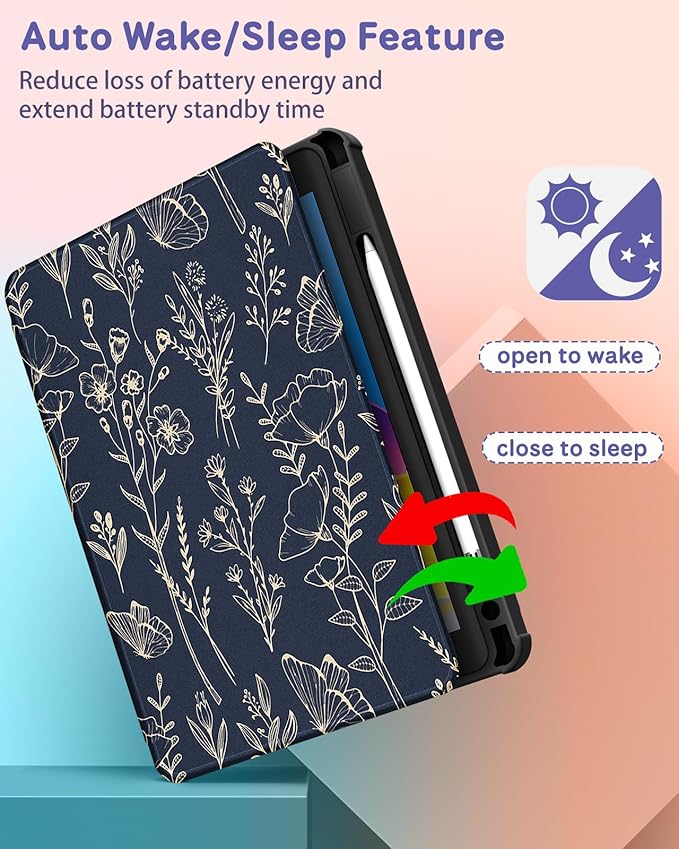for iPad Air 11 inch Case Air 5th/4th Generation 10.9 Pro 11'' Case Women Girls for Apple Pencil Holder Cute Flower Floral Rotating Folio Cover for Apple iPad Air 4/5 (2020/2022)/Pro 11