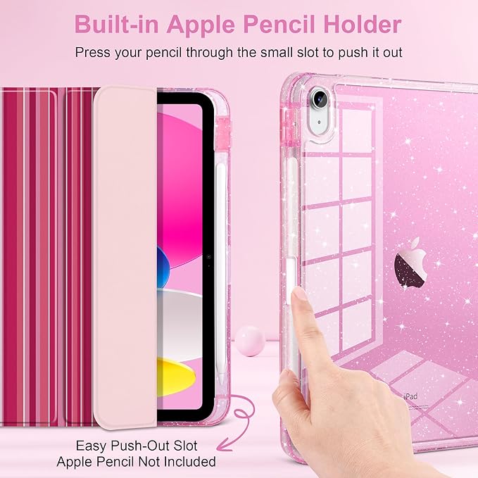 MEEgoodo Case for iPad A16 11th Generation 2025/10th Generation 2022 Glitter Tablet Cases with Transparent Acrylic Back+Trifold Stand +Pencil Holder+Auto Wake/SleepMixed Pink Stripes