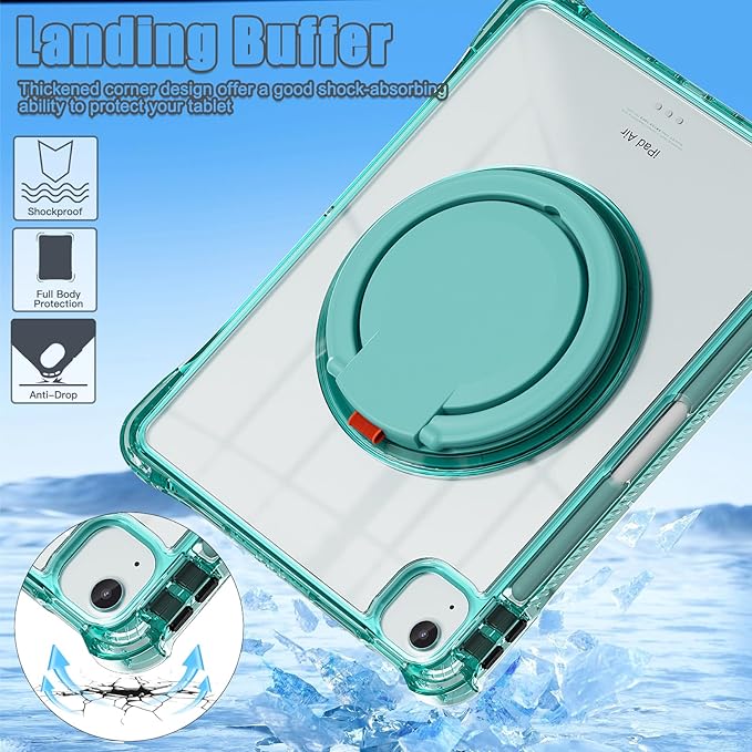 Shockproof Case for iPad Air 11 inch (M3 2025 7th /M2 2024 6th) Compatible with iPad Air 10.9 (2022 5th Gen /2020 4th Gen) PC Clear Tablet Cases with Rotating Stand for Kids Light Green