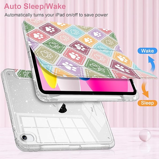 MEEgoodo Case for iPad A16 11th Generation 2025/10th Generation 2022 Glitter Tablet Cases with Transparent Acrylic Back+Trifold Stand +Pencil Holder+Auto Wake/SleepDog Paw &amp Checked