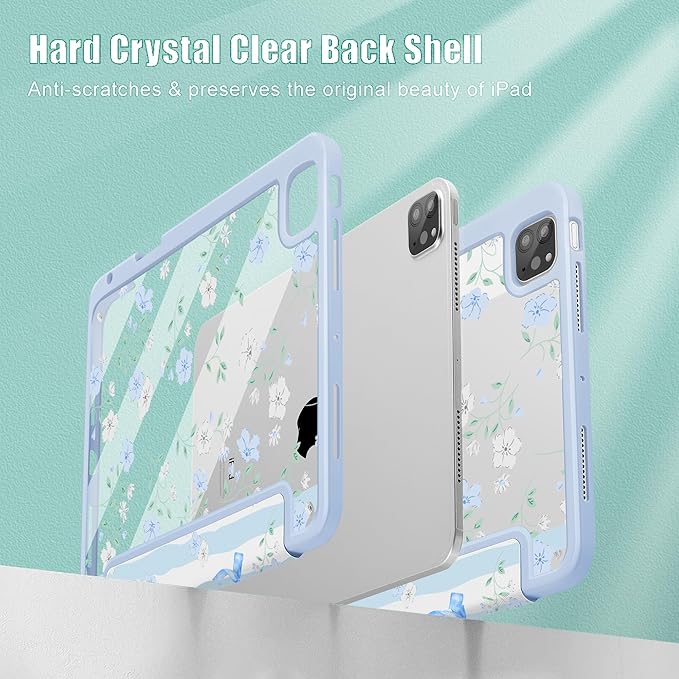 May Chen for iPad Pro 11 inch M2 4th Generation 2022 iPad Pro 11 3rd/2nd/1st Gen Built-in Pencil Holder with Shockproof Cover Clear Transparent Back Shell Auto Wake/Sleep Flower Blue Waves
