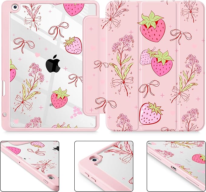 May Chen for iPad 9th Generation with Pencil Holder iPad 8th/7th Gen Case 10.2-inch [Penceil Holder] Trifold Stand Auto Wake/Sleep Clear TPU Protection Back Cover Strawberry Bow