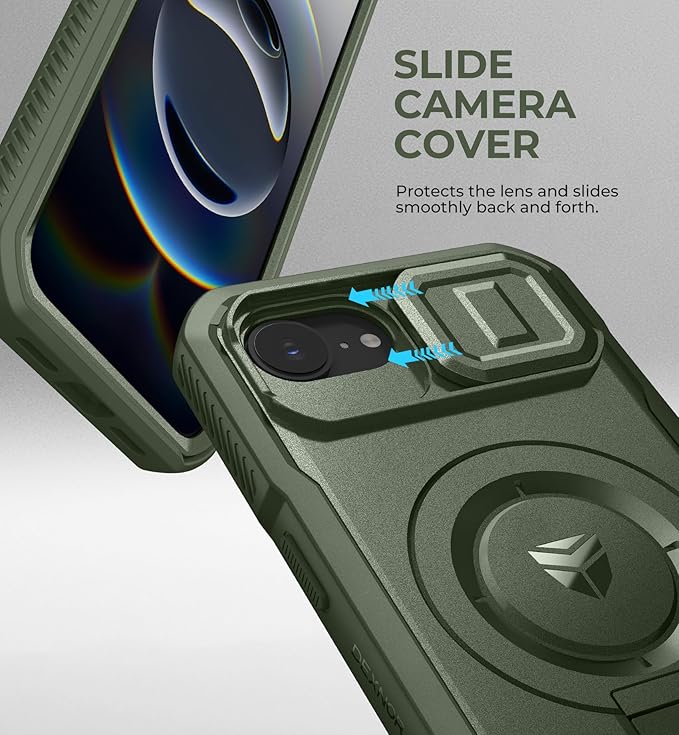 Dexnor for iPhone 17e Case iPhone 16e Case [2 Front Frame &amp Built-in Slide Camera Cover &amp Kickstand] Compatible with MagSafe Heavy-Duty iPhone 17e/16e Case with Screen Protector 6.1'' Army
