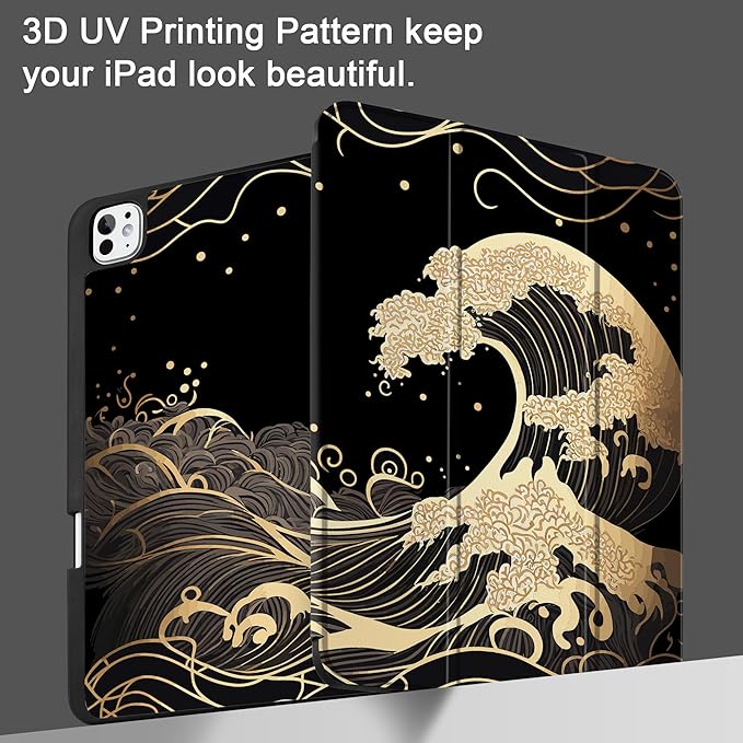 DONGKE Case for iPad Pro 13 inch (M5 2025 / M4 2024) – [Built-in Pencil Holder] Ultra Slim PU Leather Trifold Stand Cover with Soft TPU Back Auto Wake/Sleep - Golden Waves