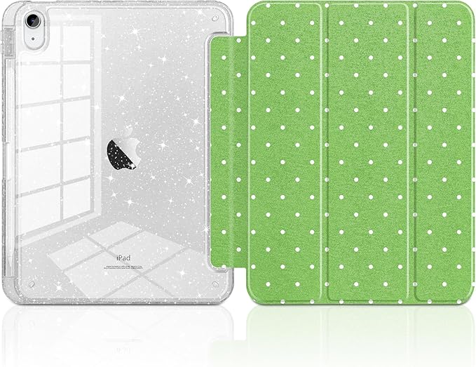 MEEgoodo Case for iPad A16 11th Generation 2025/10th Generation 2022 Glitter Tablet Cases with Transparent Acrylic Back+Trifold Stand +Pencil Holder+Auto Wake/SleepWhite Dots and Green