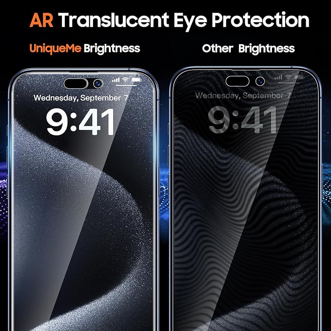 UniqueMe 2 Packs for iPhone 15 Pro Privacy Screen Protector - 360°Anti-Spy 4way Tempered Glass Screen Protector 15 Pro Zero Bubble Case Friendly [Automatic Dust Removal]