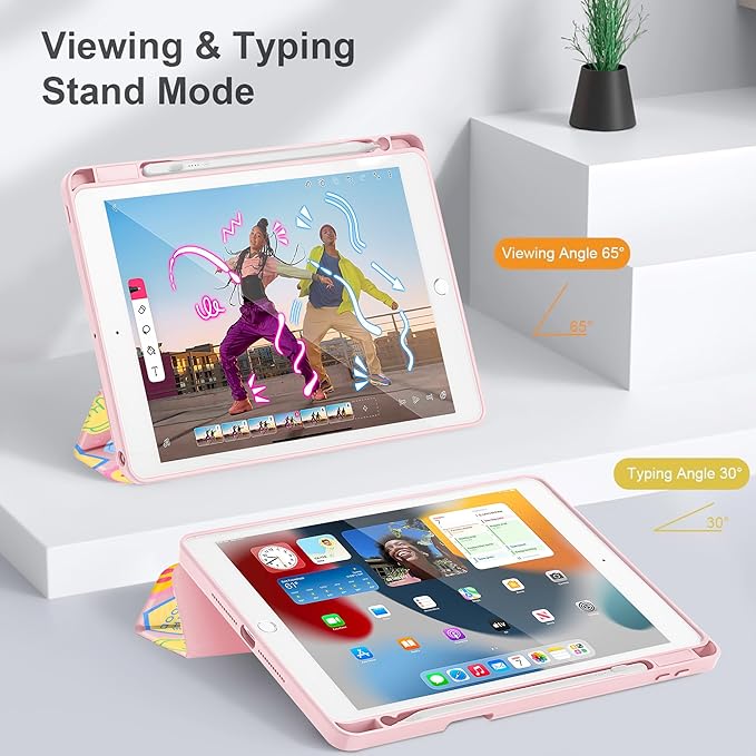 May Chen for iPad 9th Generation with Pencil Holder iPad 8th/7th Gen Case 10.2-inch [Penceil Holder] Trifold Stand Auto Wake/Sleep Clear TPU Protection Back Cover Smile Art