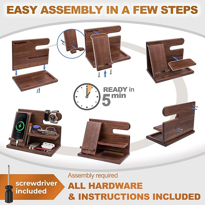 TESLYAR Wood Phone Docking Station for Men - Desktop or Nightstand Organizer - Birthday Gifts for Men Dad - Anniversary Idea from Wife - Key Holder Stand Wallet Watch &amp Essentials (Bourbon Brow
