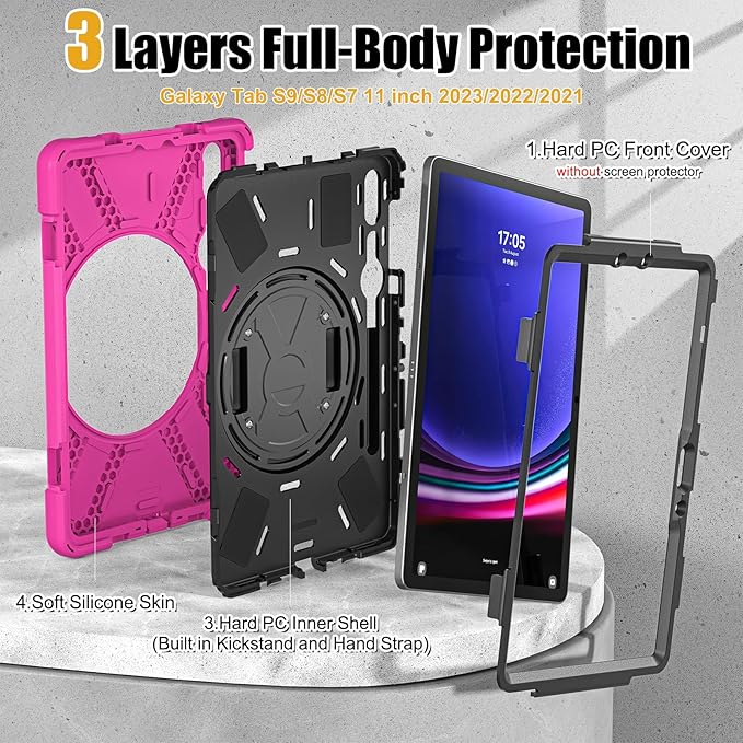 BRAECNstock for Samsung Galaxy Tab S10 Lite/ S10 FE/ S9 FE/ S9/ S8/ S7 5G Case 10.9/11 Shockproof Protective Kids Case with Pencil Holder Rotating Hand Strap &amp Stand Shoulder Strap Rose Red