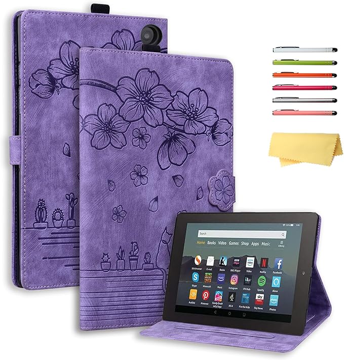 for Amazon Kindle Fire HD 8 &amp Fire HD 8 Plus Case 12th/10th Generation (2024/2022/2020) 8 UUcovers Embossed PU Leather Folio Magneic Cover with Stand/Pencil Holder Cherry Blossom Purple Cat